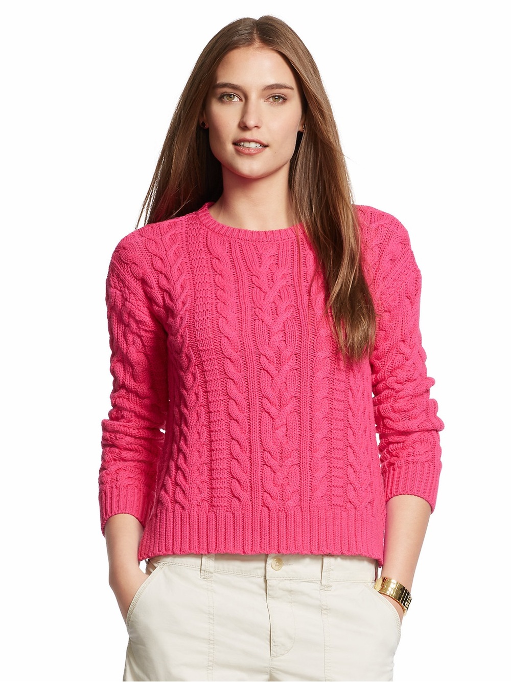 Lauren Ralph Lauren Cable Stitch Sweater M Hot Pink Chunky Knit Preppy